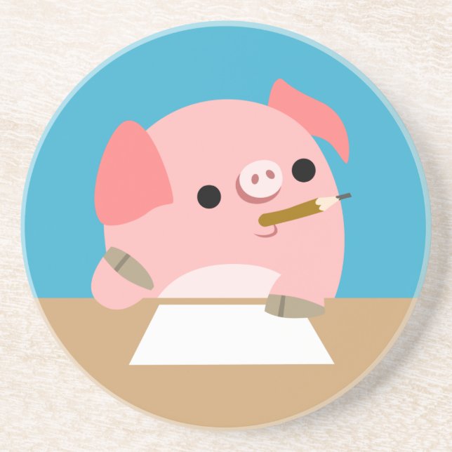 Cute Little Cartoon Pig "Writer's Block" Coaster (Front)