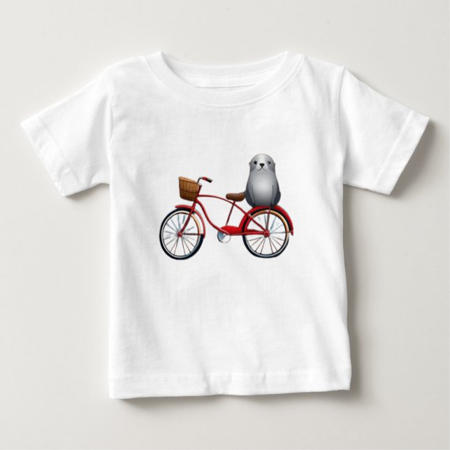 Cute little cartoon seal on a bicycle baby T-Shirt (Front)