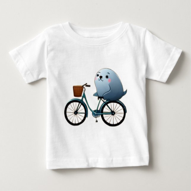 Cute little cartoon seal on a bicycle baby T-Shirt (Front)