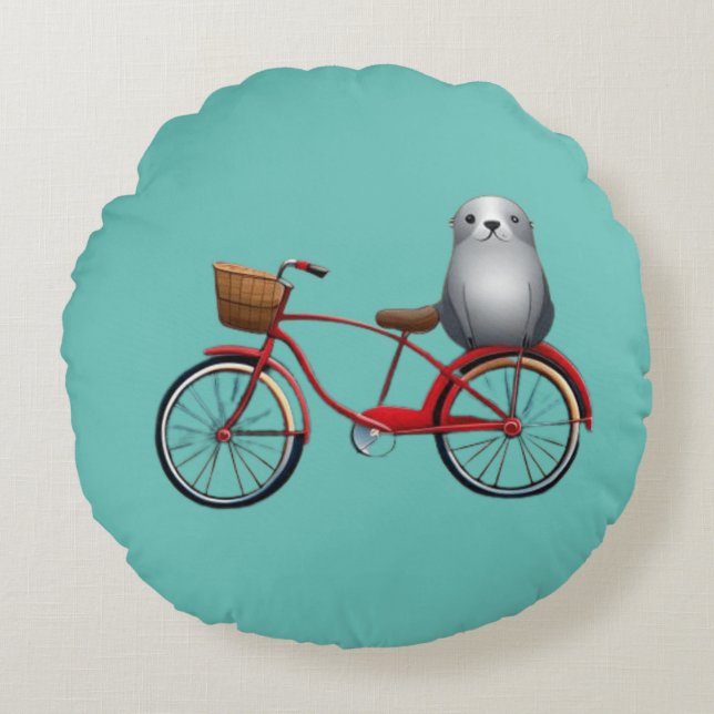 Cute little cartoon seal on a bicycle round cushion (Front)