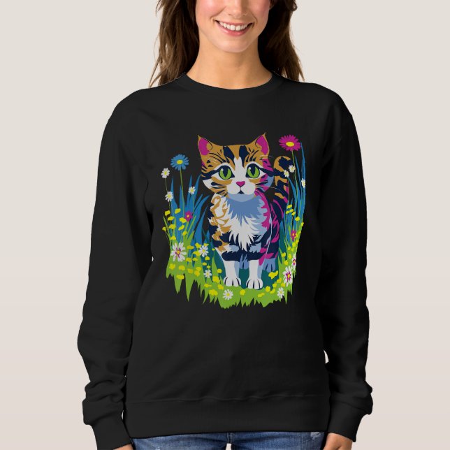 Cute Little Cat Animal and Flowers Sweatshirt (Front)