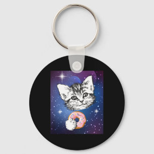 Cute Little Cat Eating A Doughnut In Space Animal  Key Ring
