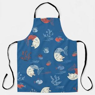 Cute little cat mermaid seamless pattern. Textured Apron