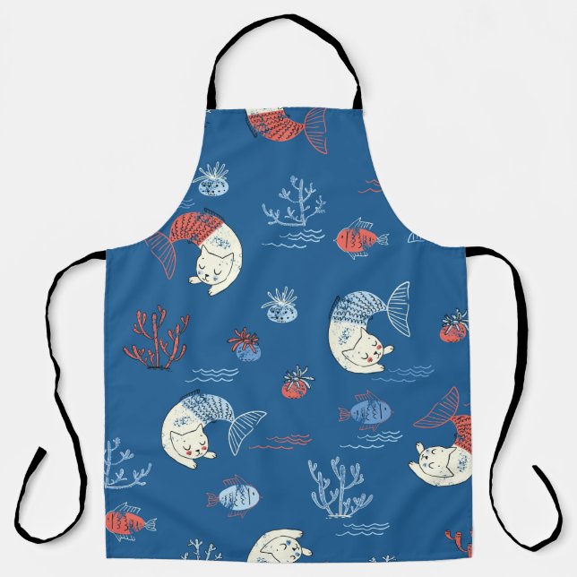 Cute little cat mermaid seamless pattern. Textured Apron (Front)