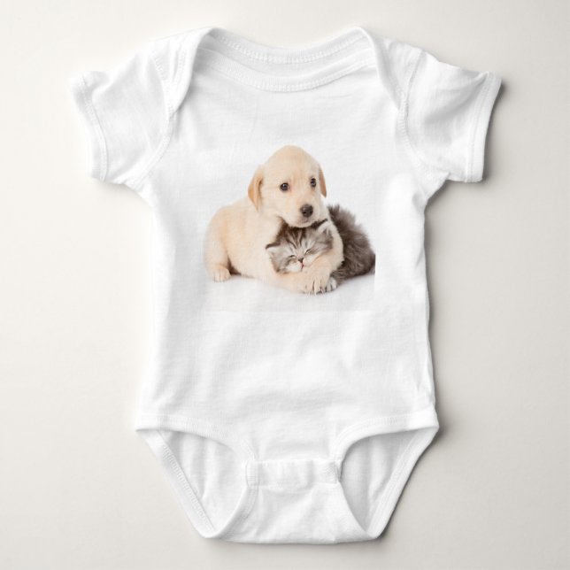 cute little cat sleeps in dog's hands baby bodysuit (Front)