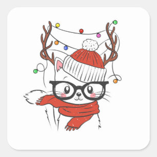 Cute little cat with deer horns square sticker