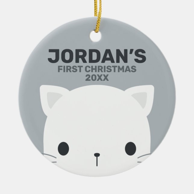 Cute Little Cat with Personalised Name Ceramic Ornament (Front)