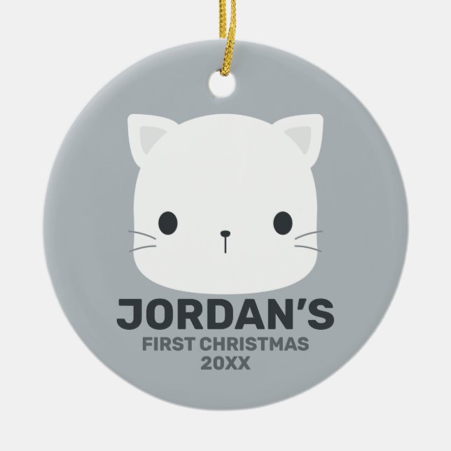 Cute Little Cat with Personalised Name Ceramic Ornament (Front)