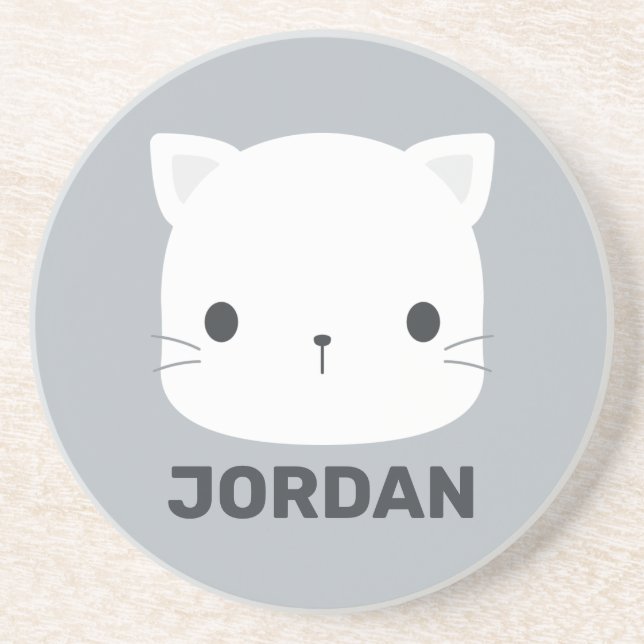 Cute Little Cat with Personalised Name Coaster (Front)