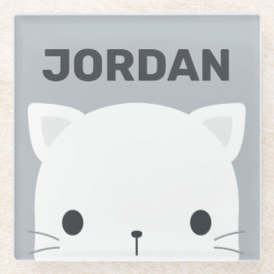 Cute Little Cat with Personalised Name Glass Coaster