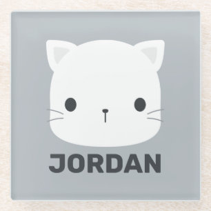 Cute Little Cat with Personalised Name Glass Coaster