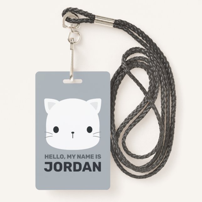 Cute Little Cat with Personalised Name ID Badge (Front with Lanyard)