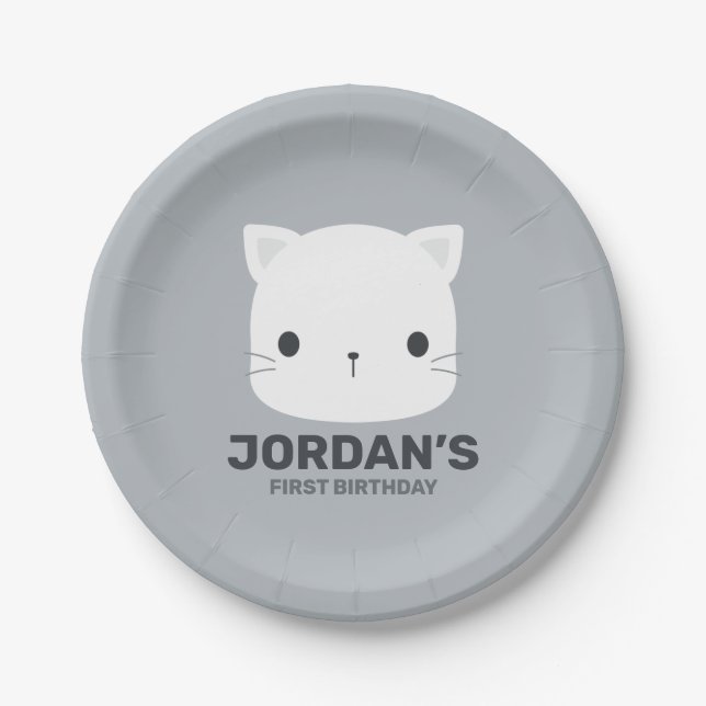 Cute Little Cat with Personalised Name Paper Plate (Front)