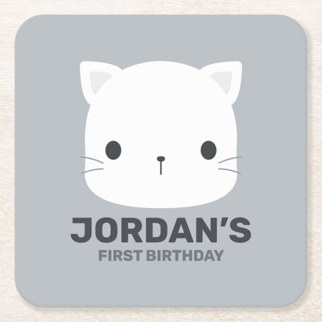 Cute Little Cat with Personalised Name Square Paper Coaster (Front)