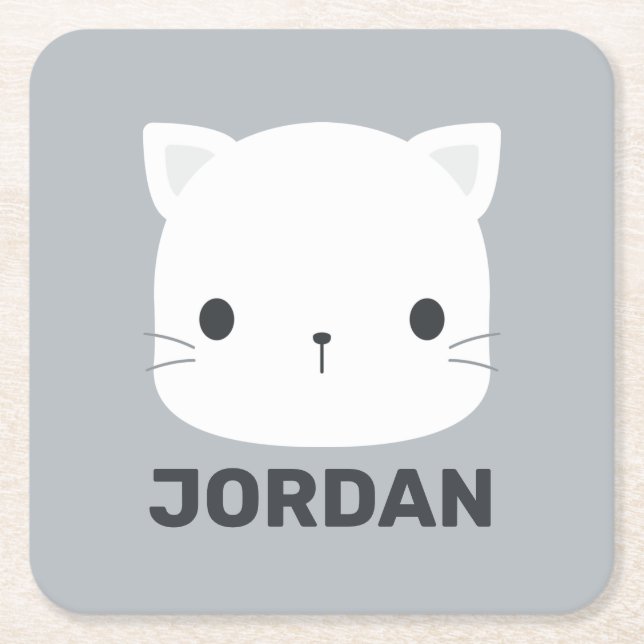 Cute Little Cat with Personalised Name Square Paper Coaster (Front)
