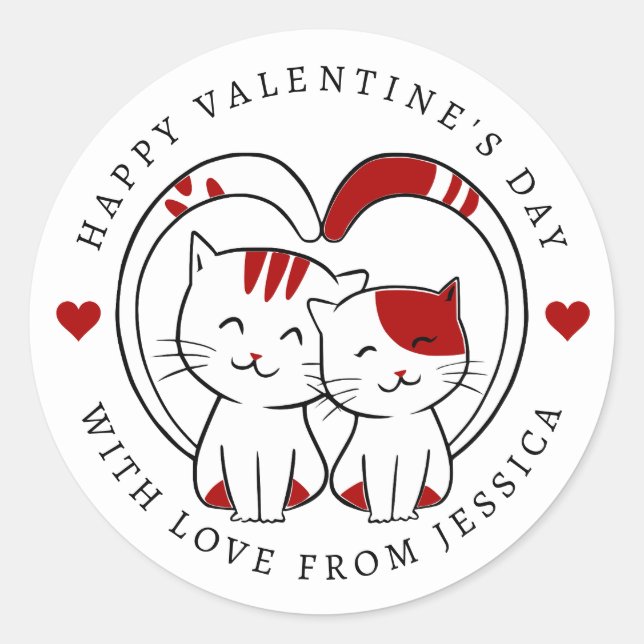 Cute Little Cats Happy Valentine's Day Classic Round Sticker (Front)