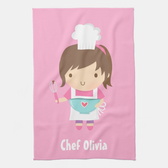 Cute Little Chef Baker Girl Personalized Tea Towel (Vertical)