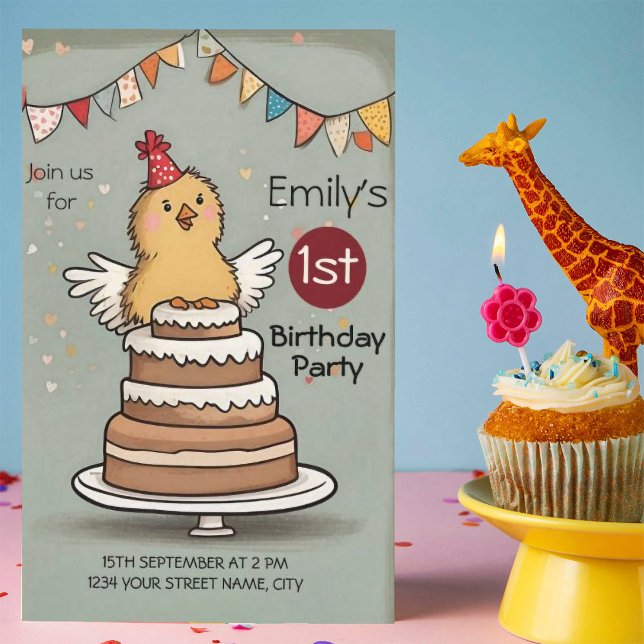 Cute Little Chicken on Cake 1st Birthday  Invitation (Creator Uploaded)