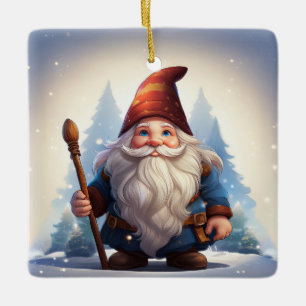 Cute Little Christmas Gnome In Snow Ceramic Ornament