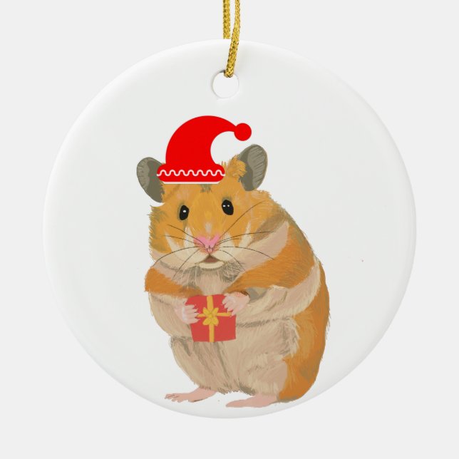 Cute little Christmas Hamster holding a present  Ceramic Ornament (Front)