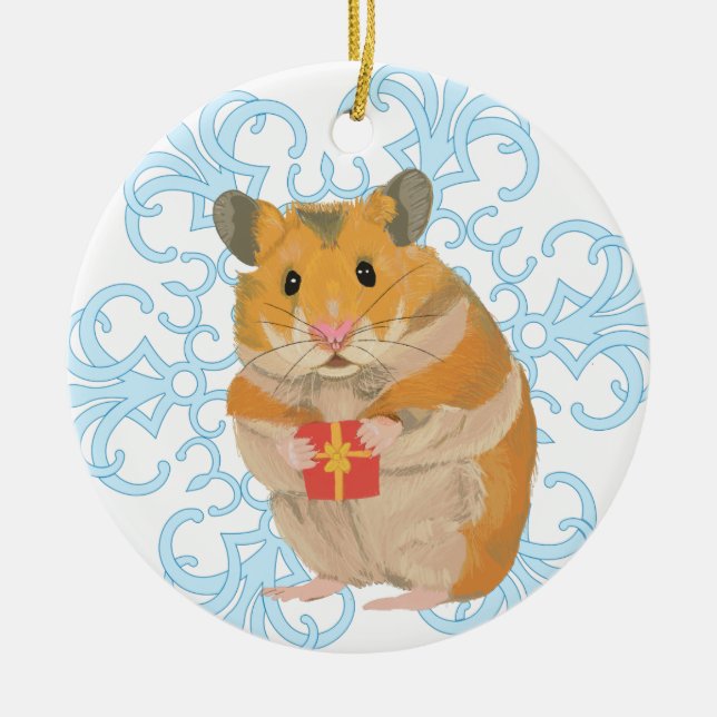 Cute little Christmas Hamster holding a present Ceramic Ornament (Front)