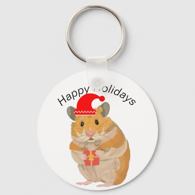 Cute little Christmas Hamster holding a present Key Ring (Front)