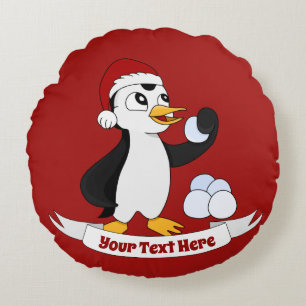 Cute little Christmas penguin with a snowball Roun Round Cushion