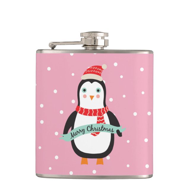 Cute little Christmas Penquin "Merry Christmas" Hip Flask (Front)