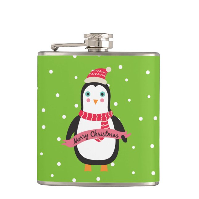 Cute little Christmas Penquin "Merry Christmas" Hip Flask (Front)