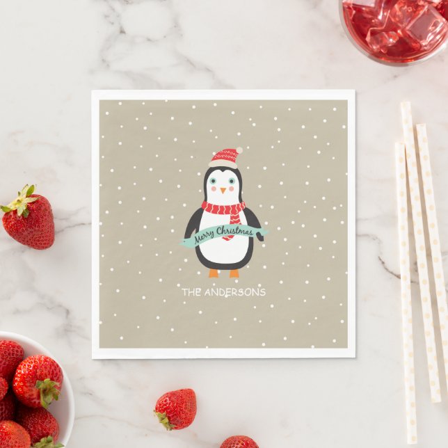 Cute little Christmas Penquin "Merry Christmas" Napkin (Insitu)
