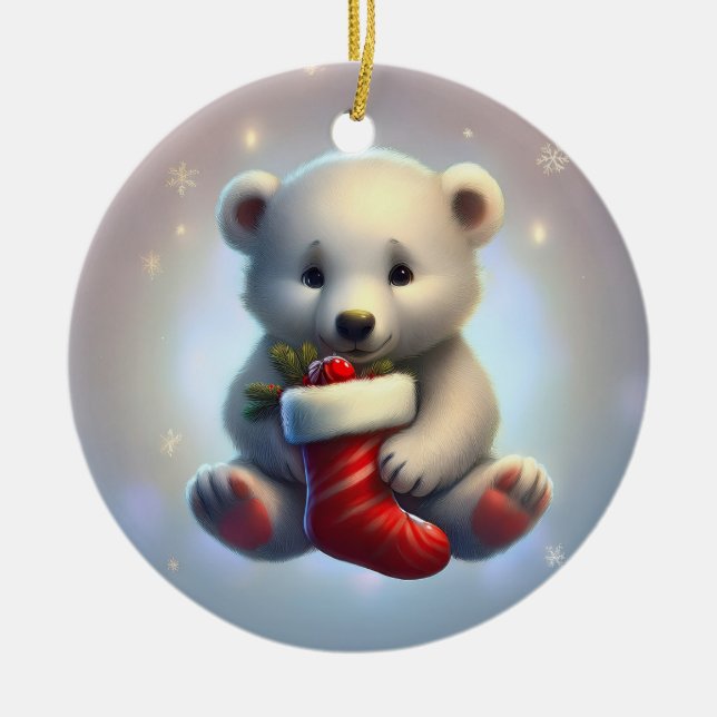 Cute Little Christmas Polar Bear Ceramic Ornament (Front)