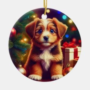Cute Little Christmas Puppy Ceramic Ornament