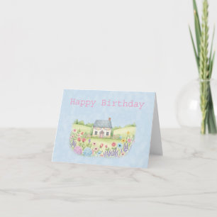 Cute Little Cottage House in Flowers Birthday Card