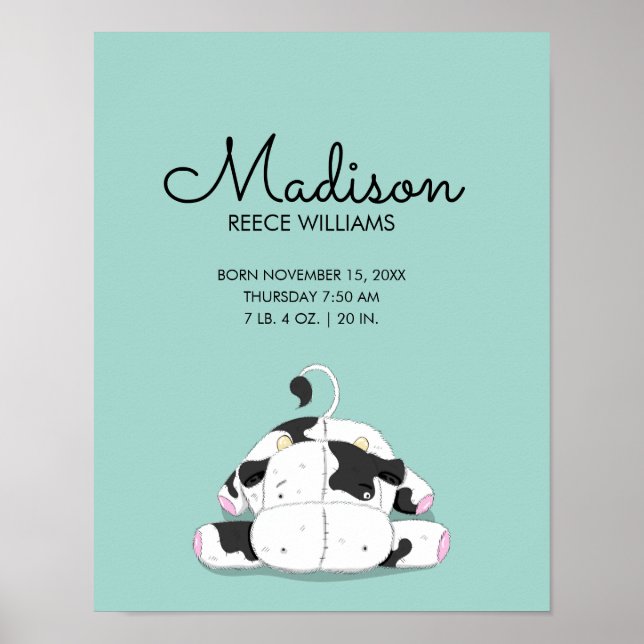Cute Little Cow Baby Birth Stats Nursery Print (Front)