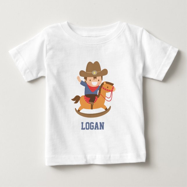 Cute Little Cowboy on Rocking Horse Baby Boys Baby T-Shirt (Front)