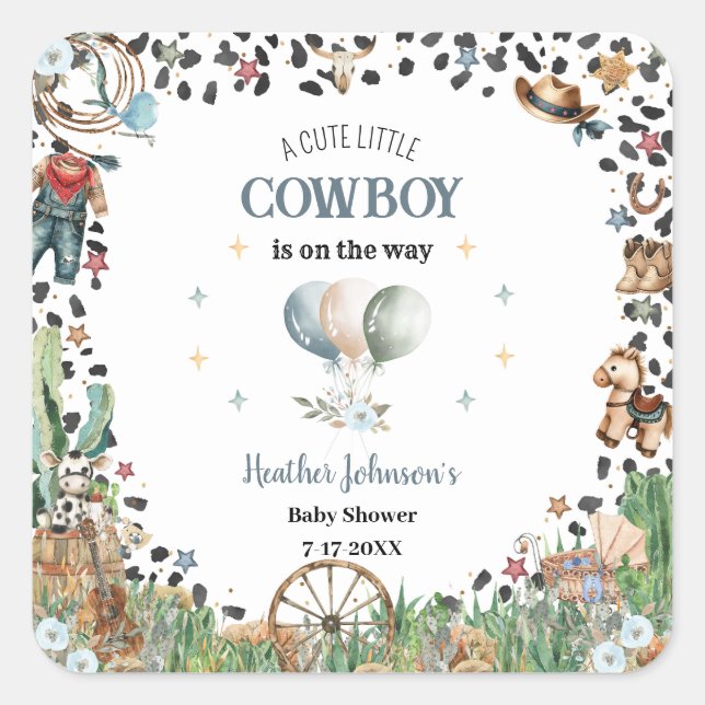 Cute Little Cowboy Western Watercolor Baby Shower Square Sticker (Front)
