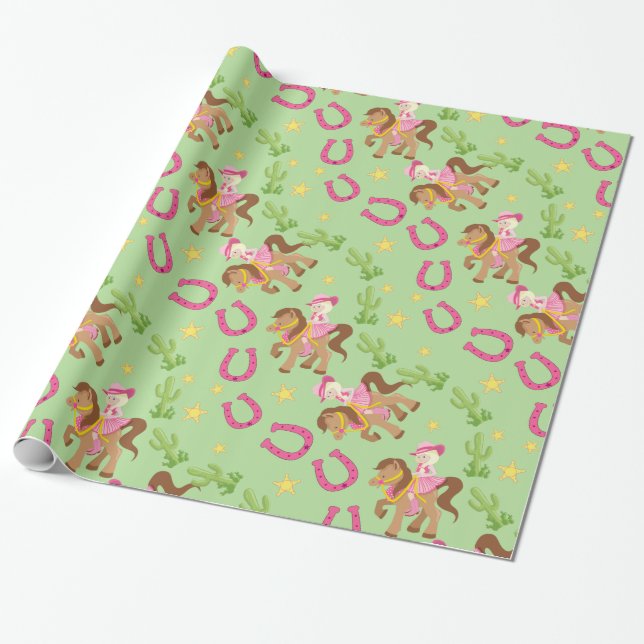 Cute Little Cowgirl Pattern Wrapping Paper (Unrolled)