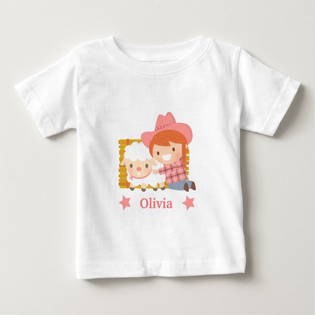 Cute Little Cowgirl with Lamb For Baby Girls T-Shirt (Front)
