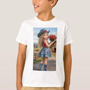 Cute Little Cowgirl with Red Roses Kids T-Shirt