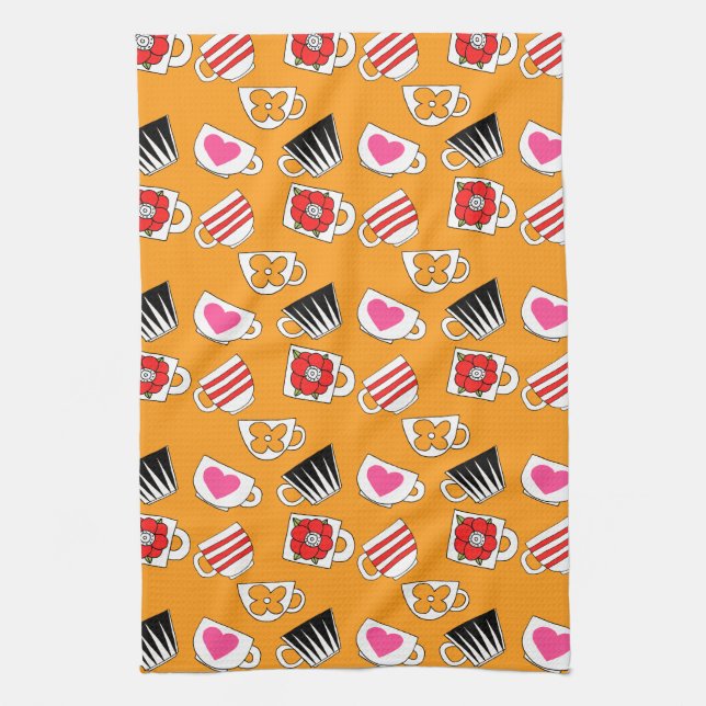 Cute Little Cups  In The Kitchen Pattern Tea Towel (Vertical)
