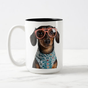 Cute Little Dachshund With Red Glasses Two-Tone Coffee Mug