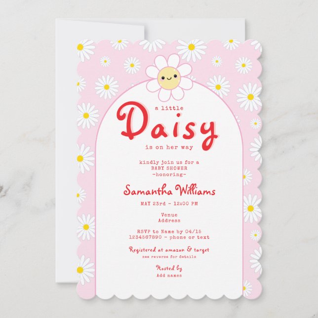 Cute Little Daisy Modern Pink Red Girl Baby Shower Invitation (Front)