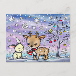 Cute Little Deer and Bunny Illustrated Art Postcard