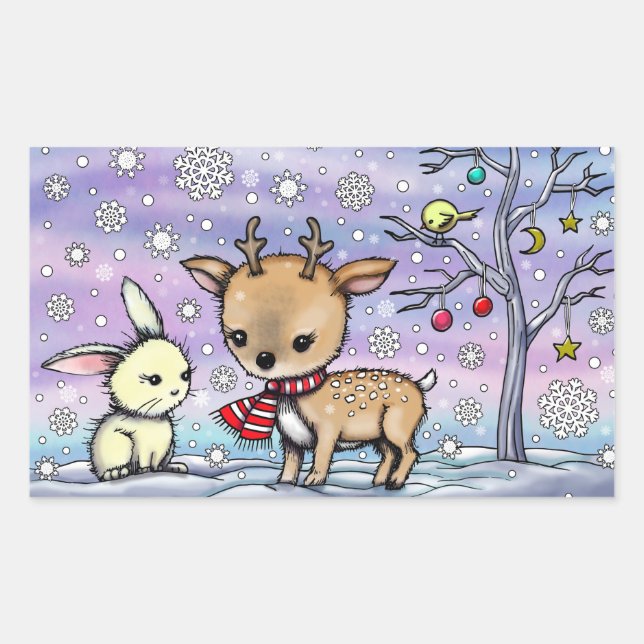 Cute Little Deer and Bunny Illustrated Art Rectangular Sticker (Front)