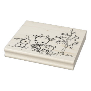 Cute Little Deer and Bunny Illustrated Art Rubber Stamp