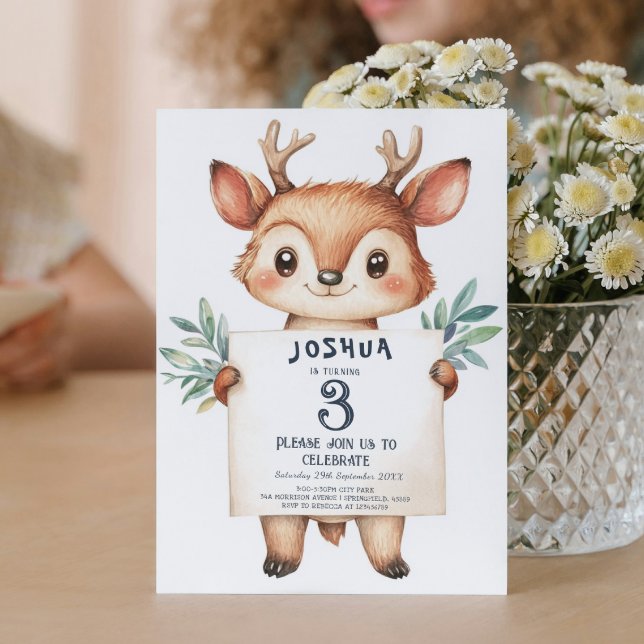 Cute Little Deer Holding Sign Kids birthday Party  Invitation (Creator Uploaded)