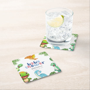 Cute Little Dino Baby Shower Square Paper Coaster