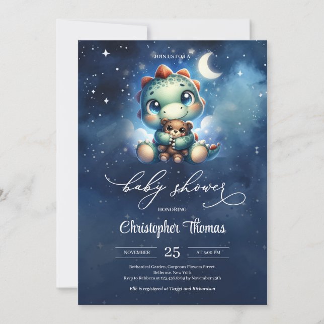 Cute little dinosaur at starry night sky  invitation (Front)