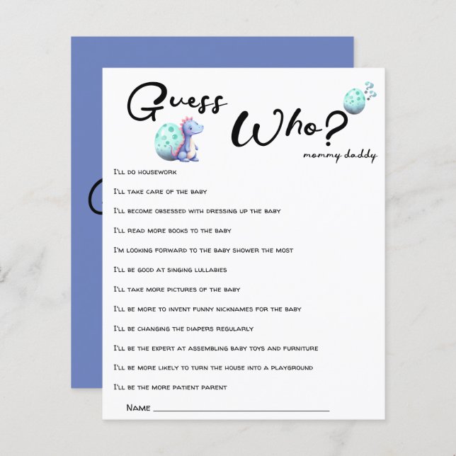 Cute Little Dinosaur Baby Shower Guess Who Game (Front/Back)