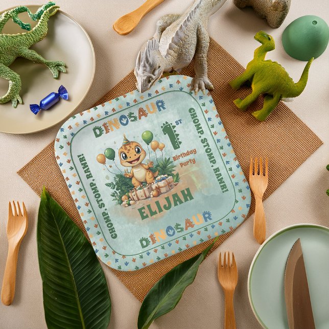 Cute Little Dinosaur Boy 1st Birthday Party Paper Plate (Cute Little Dinosaur Boy 1st Birthday Party Square Paper Plates)